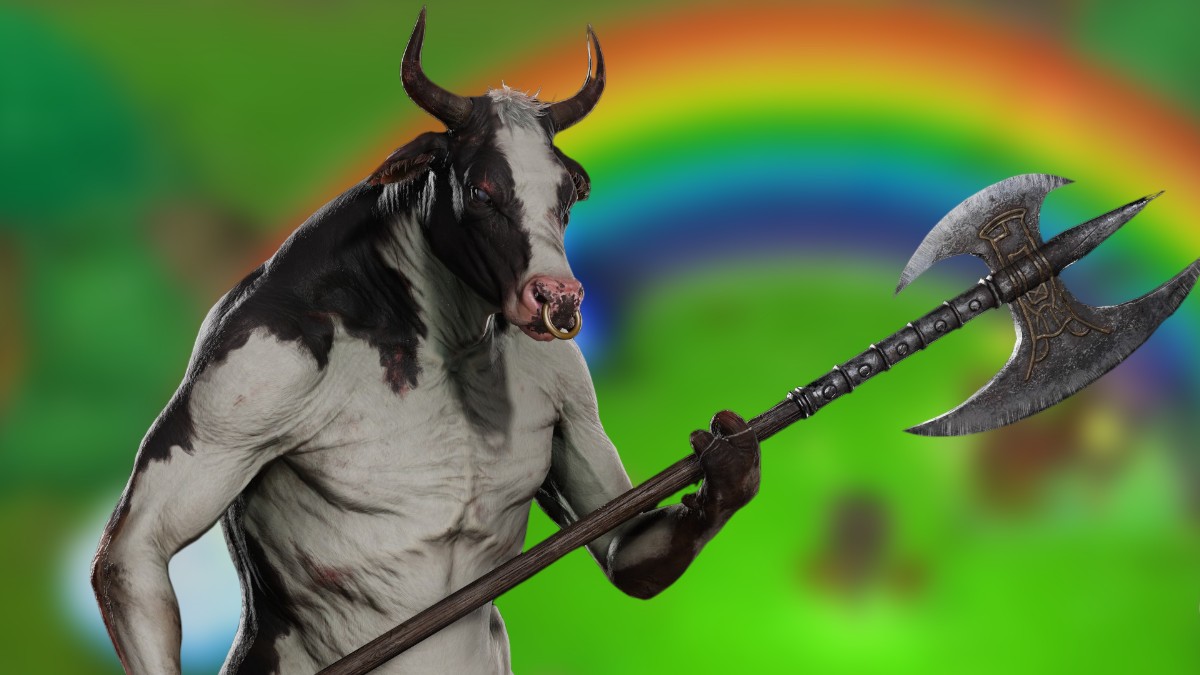 A cow from Diablo 4 on a blurred background of grass and a rainbow
